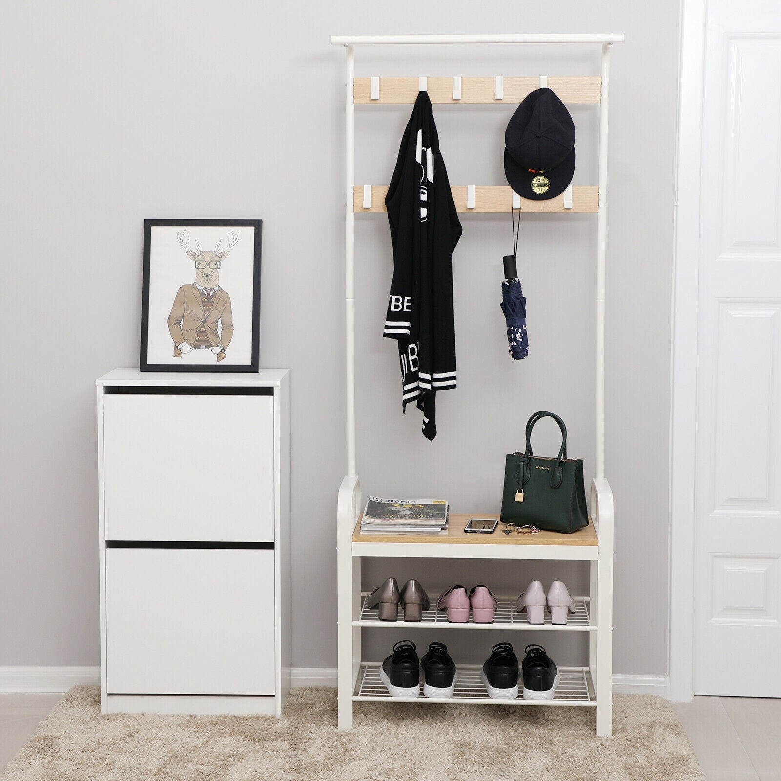 White Free Standing Rustic Coat & Shoe Rack