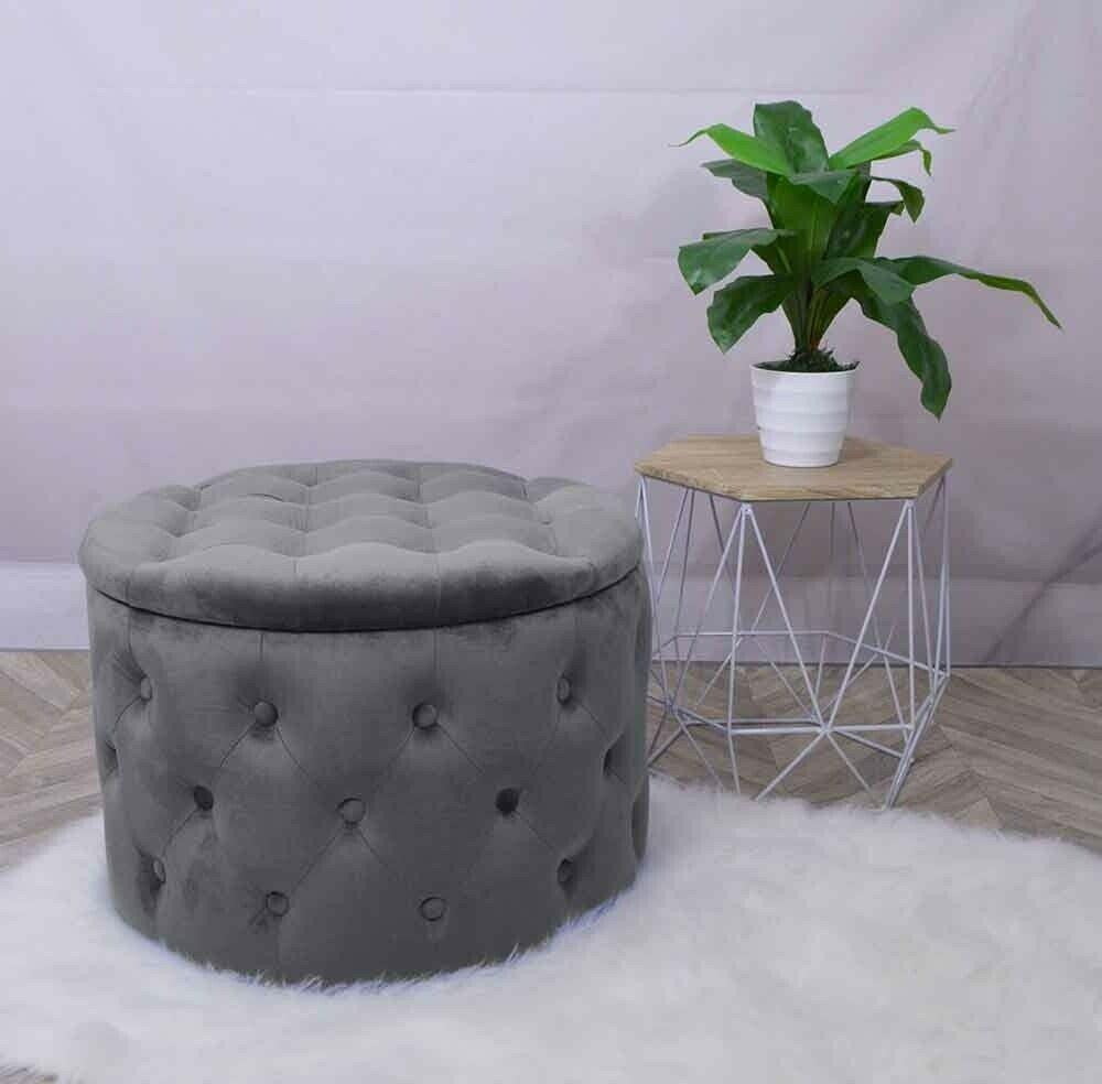 Deep Light Grey Velvet Buttoned Pouffe