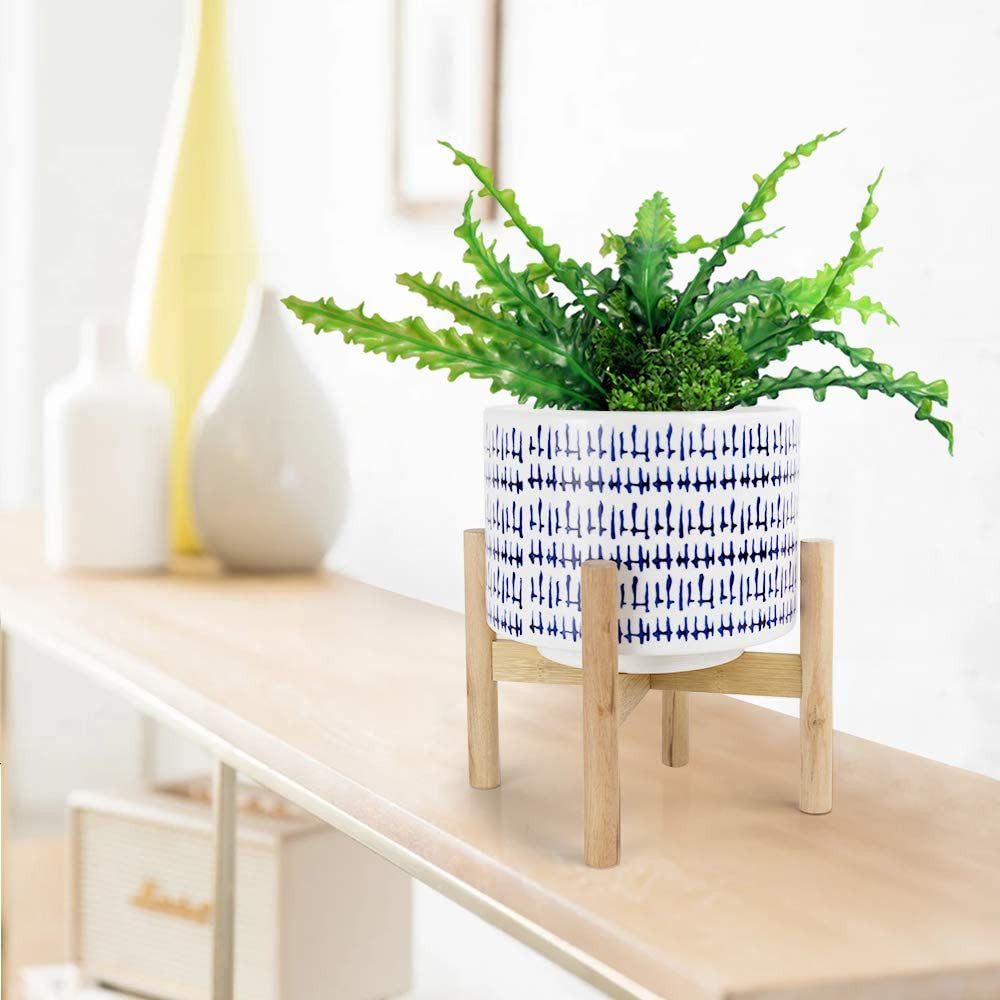 Ceramic Plant Pot with Wood Stand