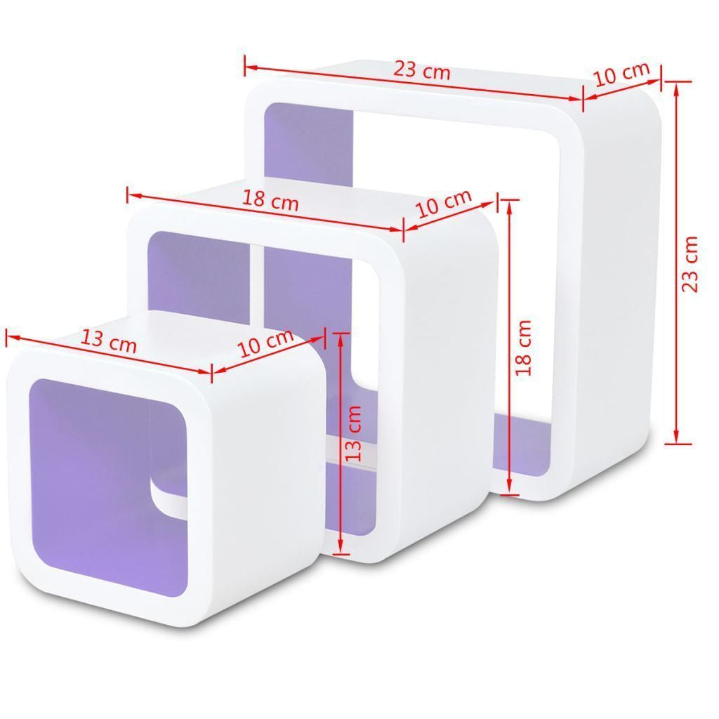 3 White & Purple Floating Wall Display Shelves