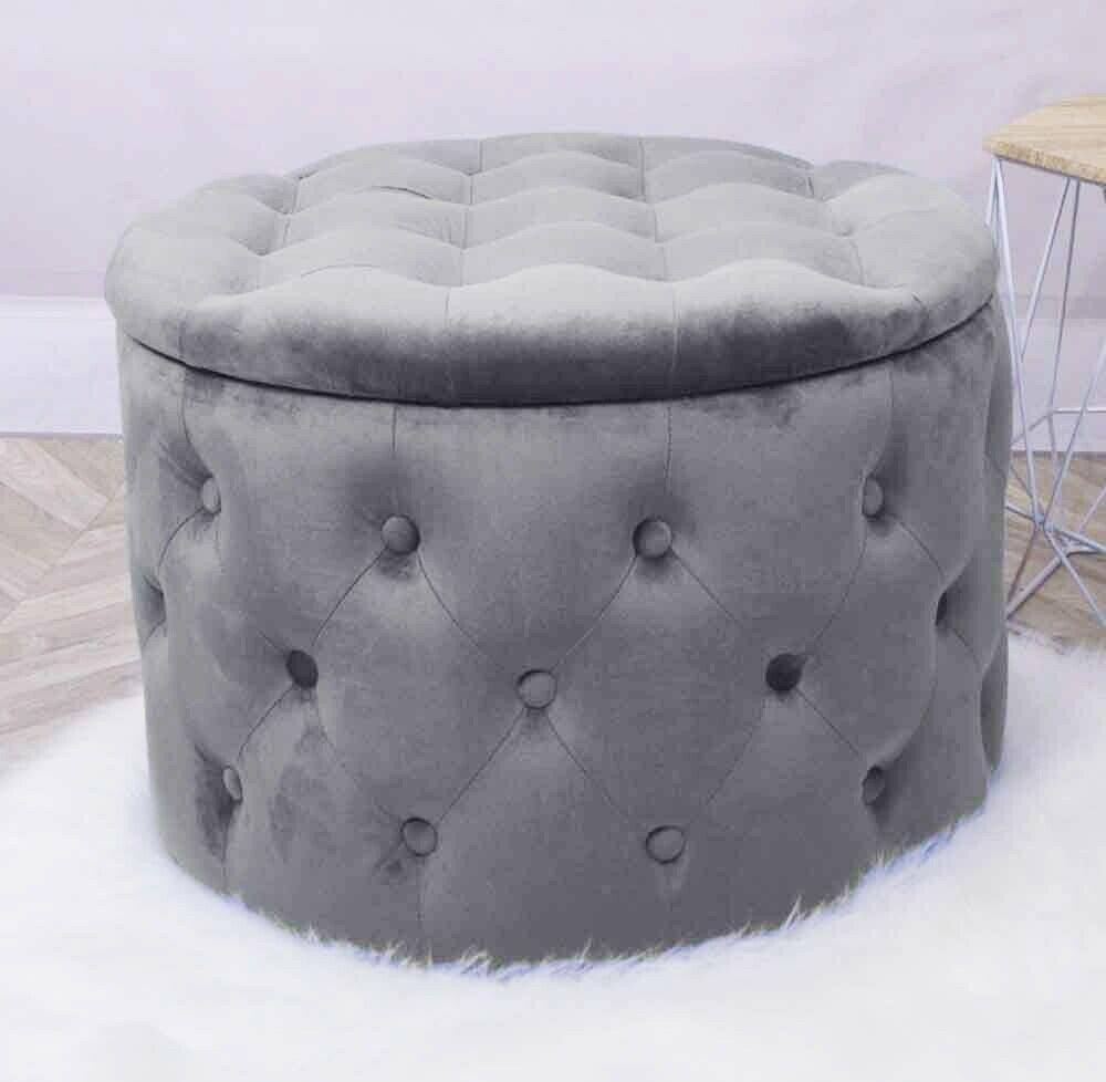 Deep Light Grey Velvet Buttoned Pouffe