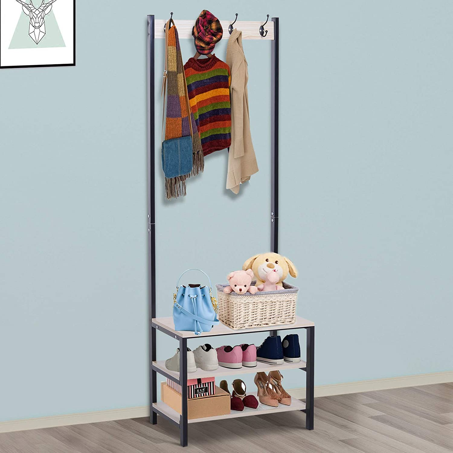 Greige Freestanding Coat Rack with Hooks