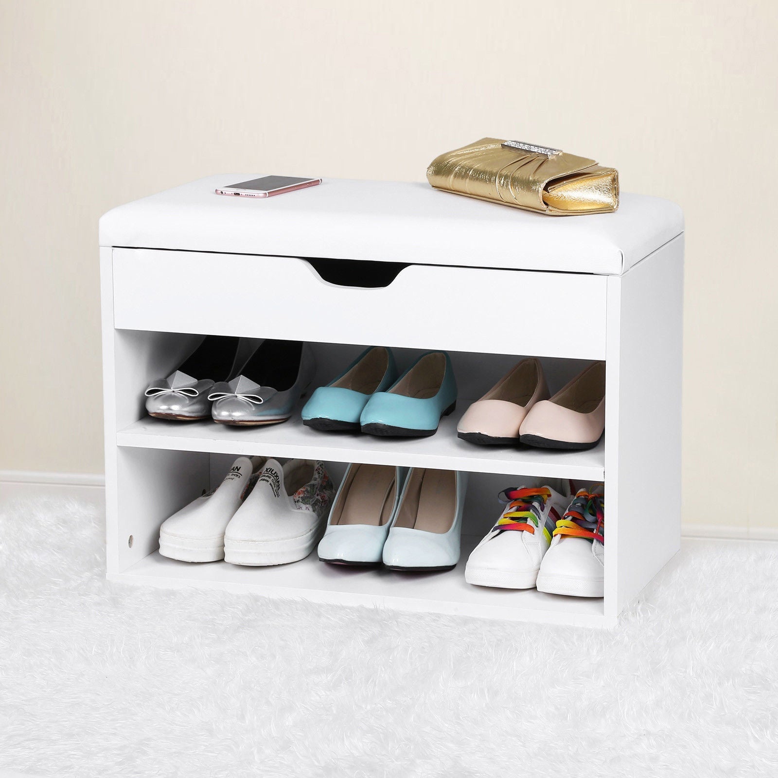 White Folding Shoe Storage Bench