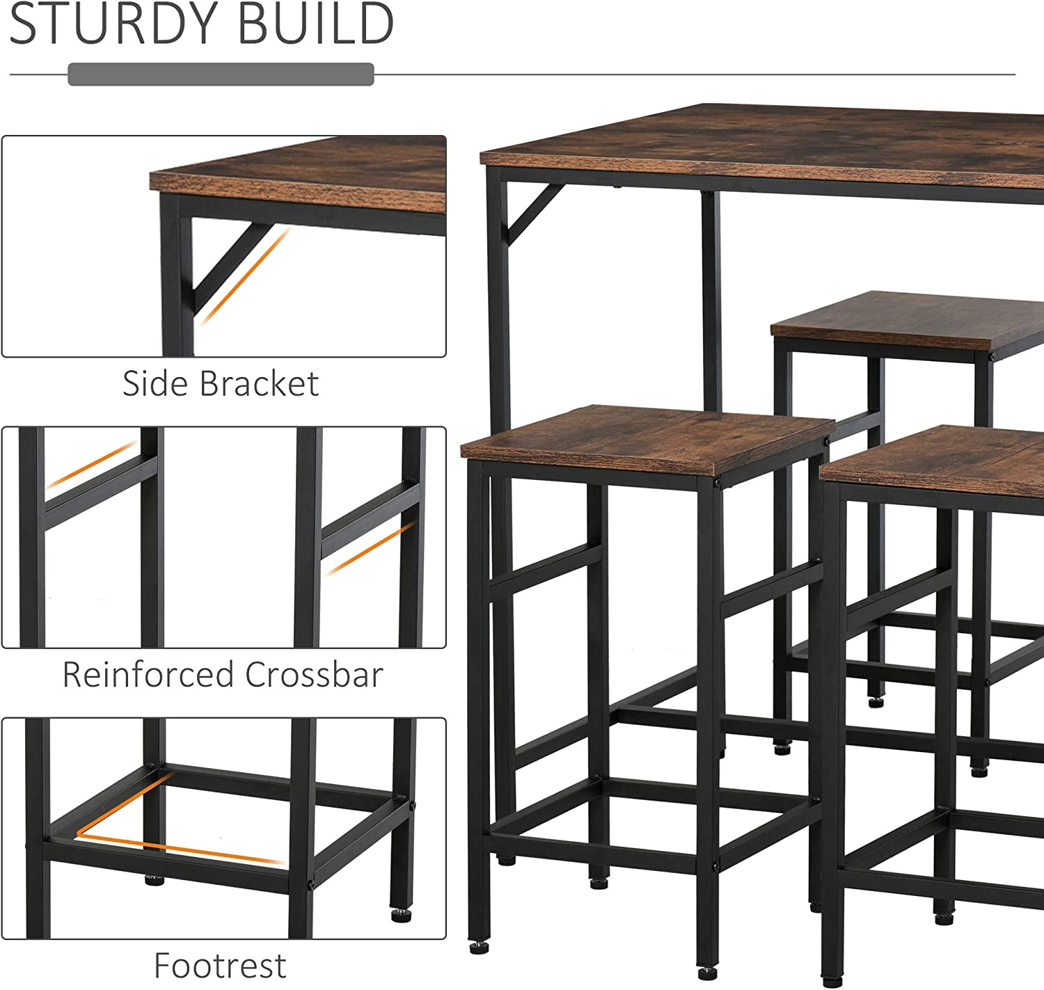 Rustic Scholar Rectangular Bar Table & 4 Stools