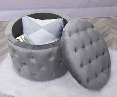 Deep Light Grey Velvet Buttoned Pouffe