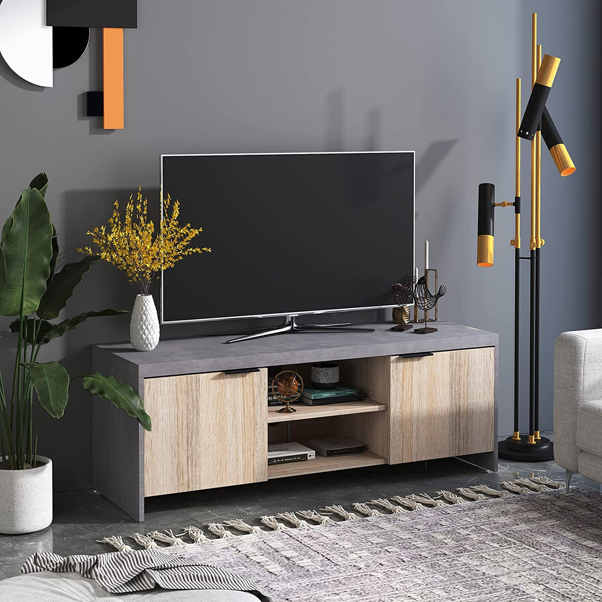 Double Drawer Grey Stone Wooden TV Cabinet