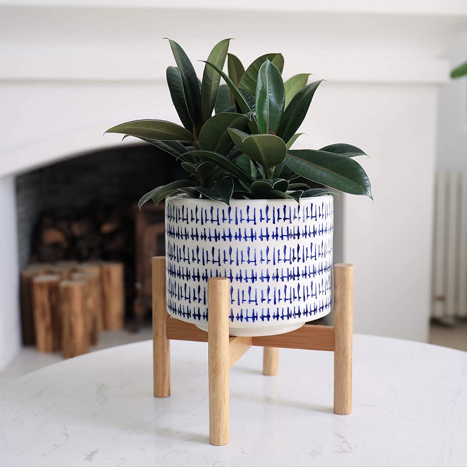 Ceramic Plant Pot with Wood Stand