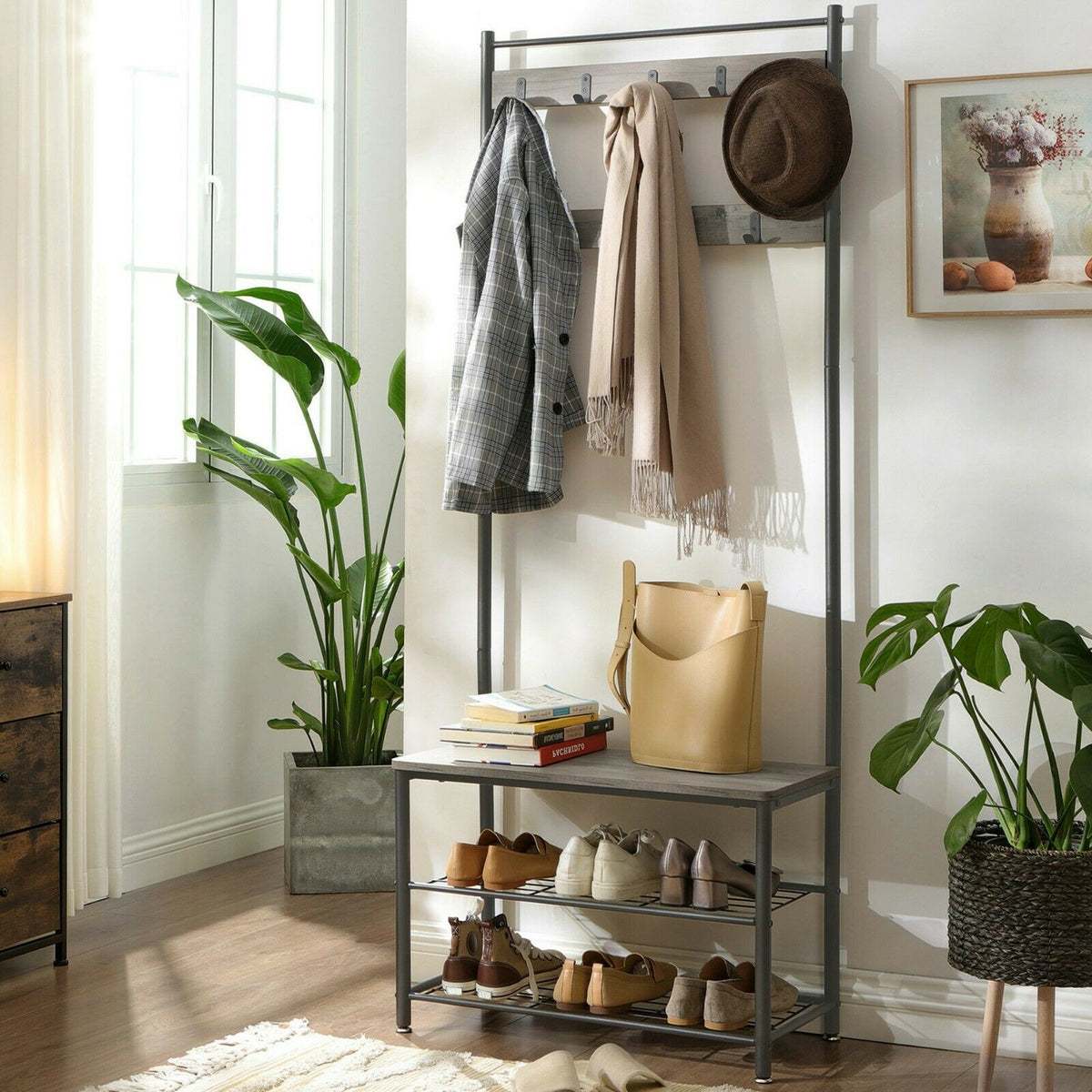 Rustic Grey Coat & Shoe Rack