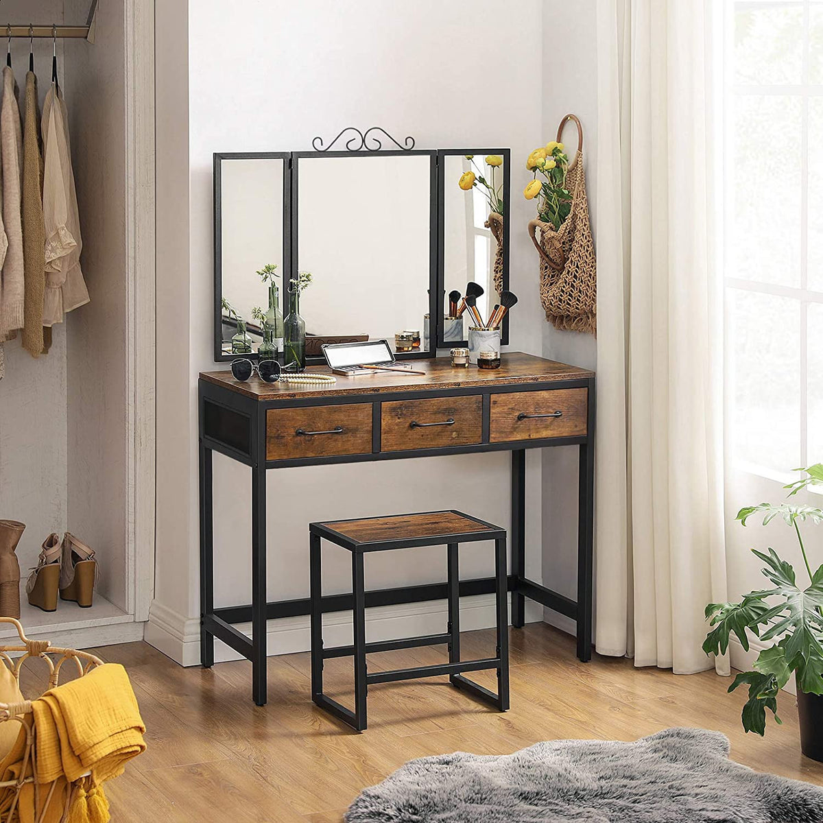 Rustic Vanity Table and Stool Set