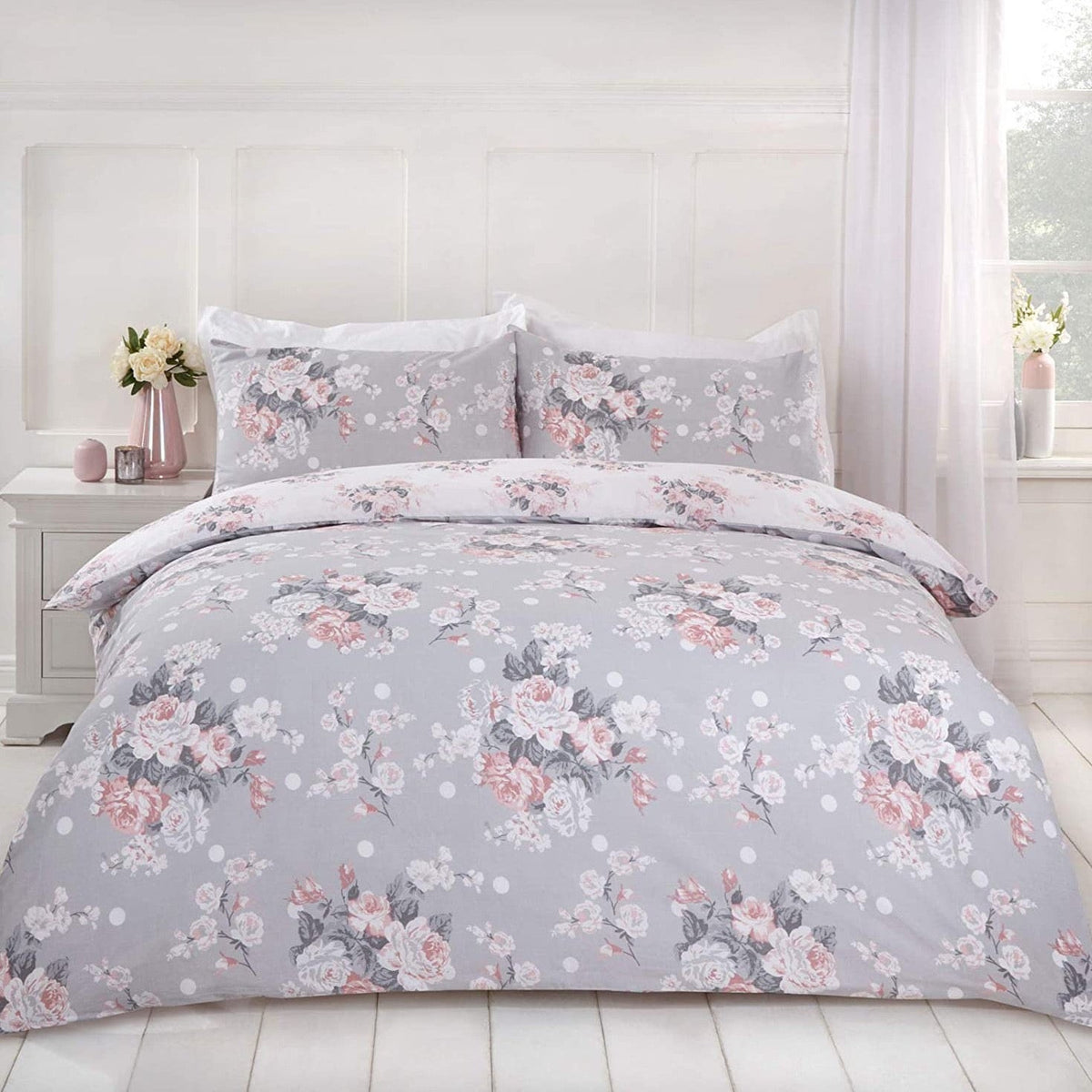 Grey Blush Blossom Reversible Duvet Set