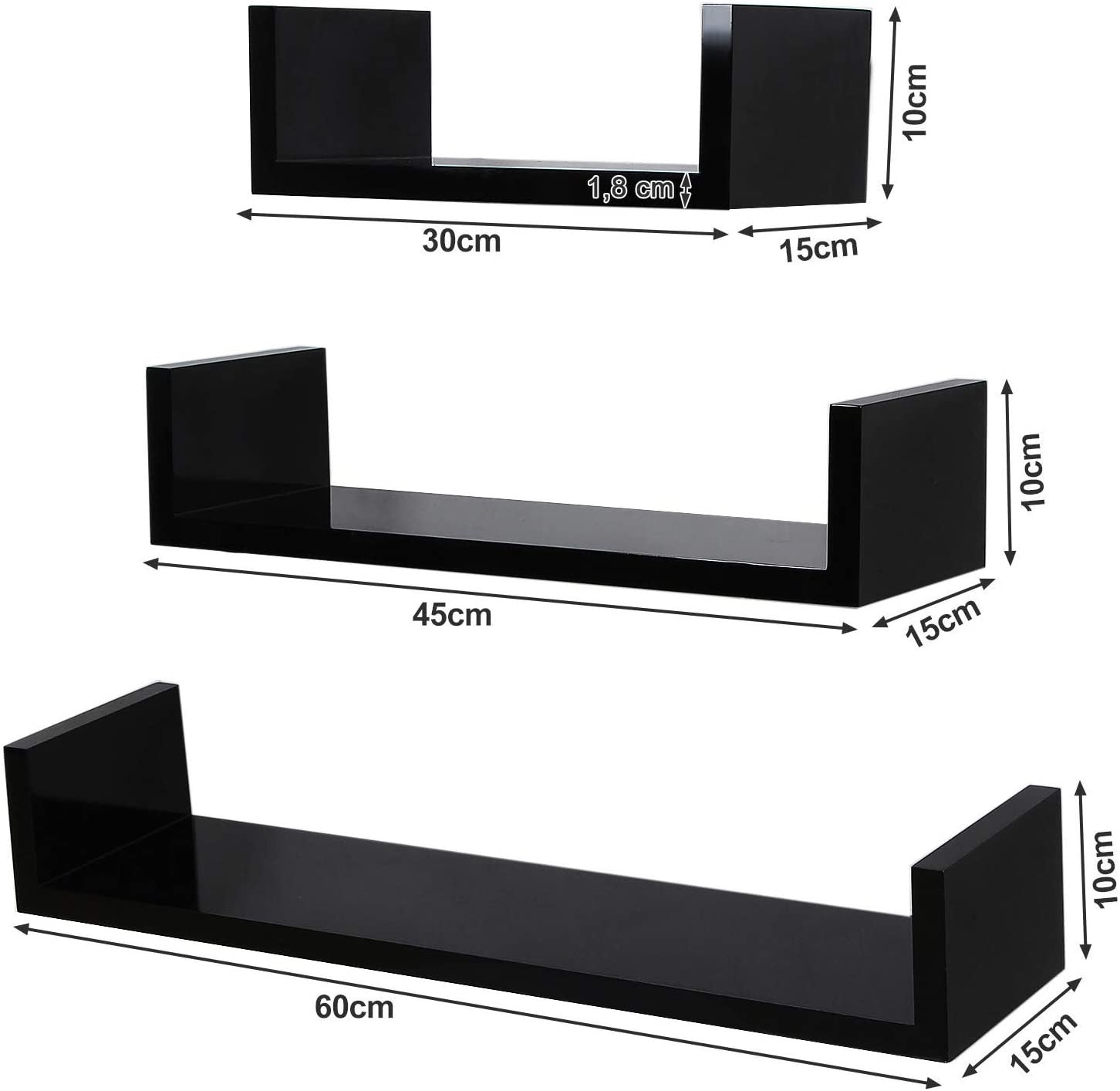 Set Of 3 Black Floating Shelves