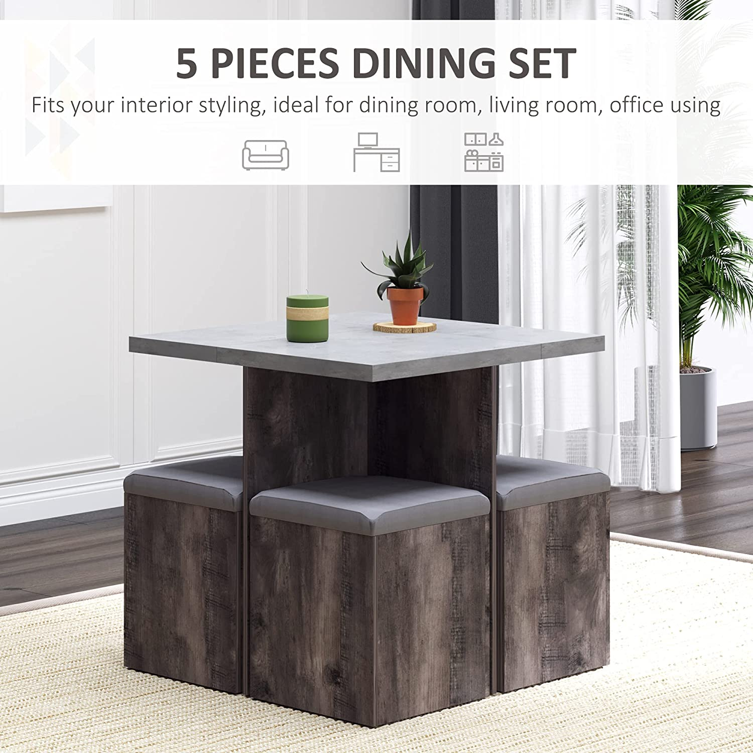 5 Piece Grained Wooden Table & Padded Stools