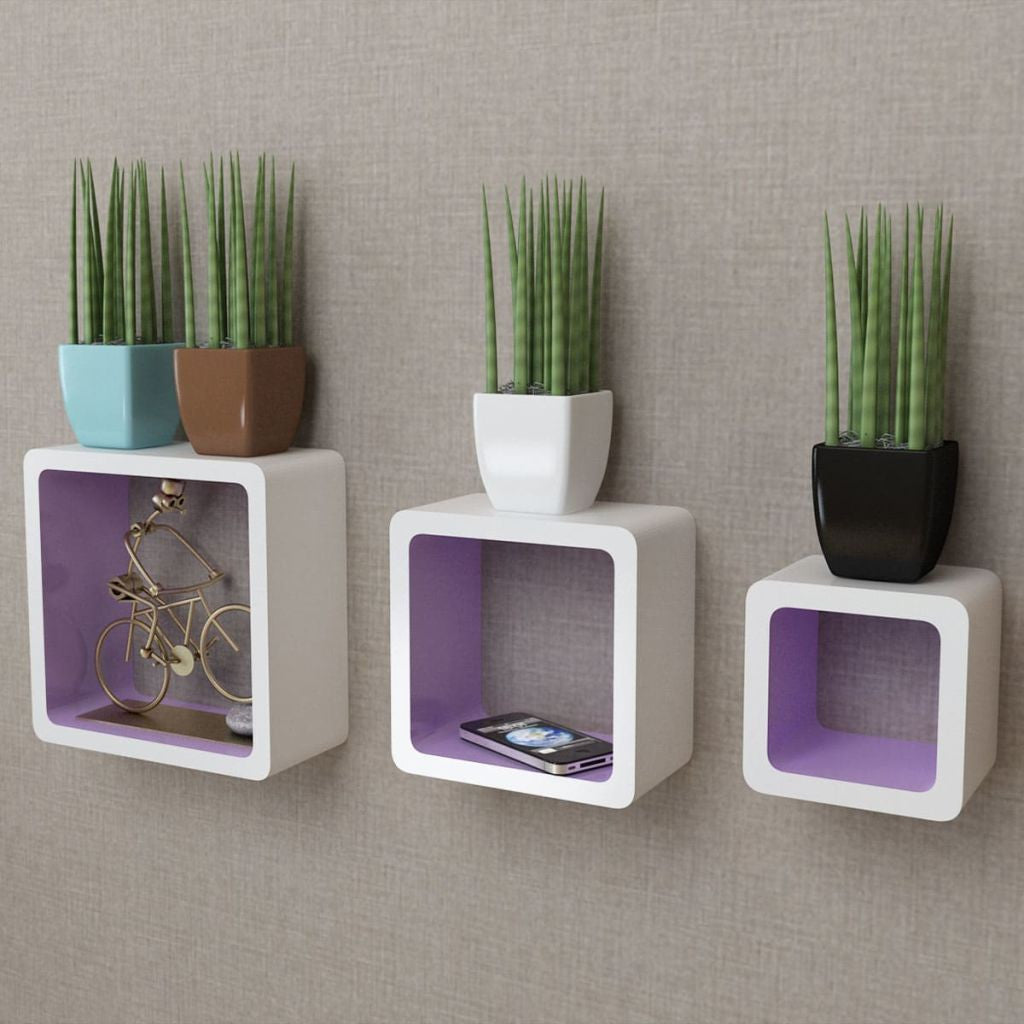 3 White & Purple Floating Wall Display Shelves